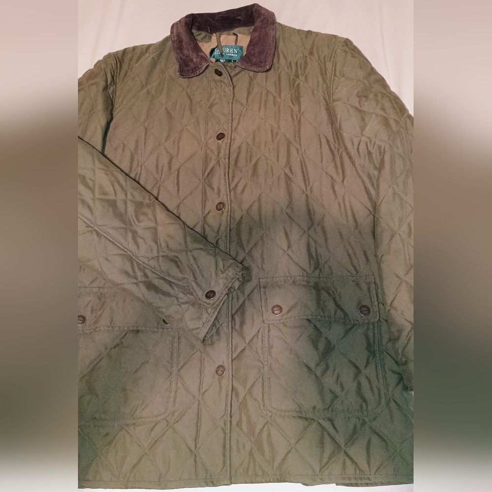 Ralph Lauren Sz Lg Army Green Quilted Mid Length Chore Coat. Flannel Lined